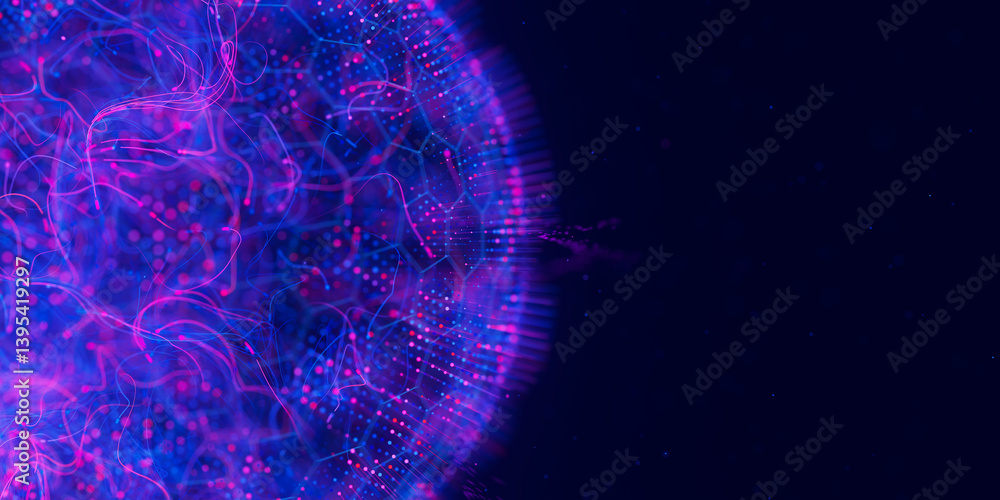 Poster Abstract macro of quantum computing qubit spherical cell. Subatomic patterns of cyber AI intelligence. Futuristic technology concept.