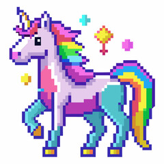 Fototapeta premium Colorful Retro Pixel Art Unicorn with Rainbow Mane and Stars on White Background