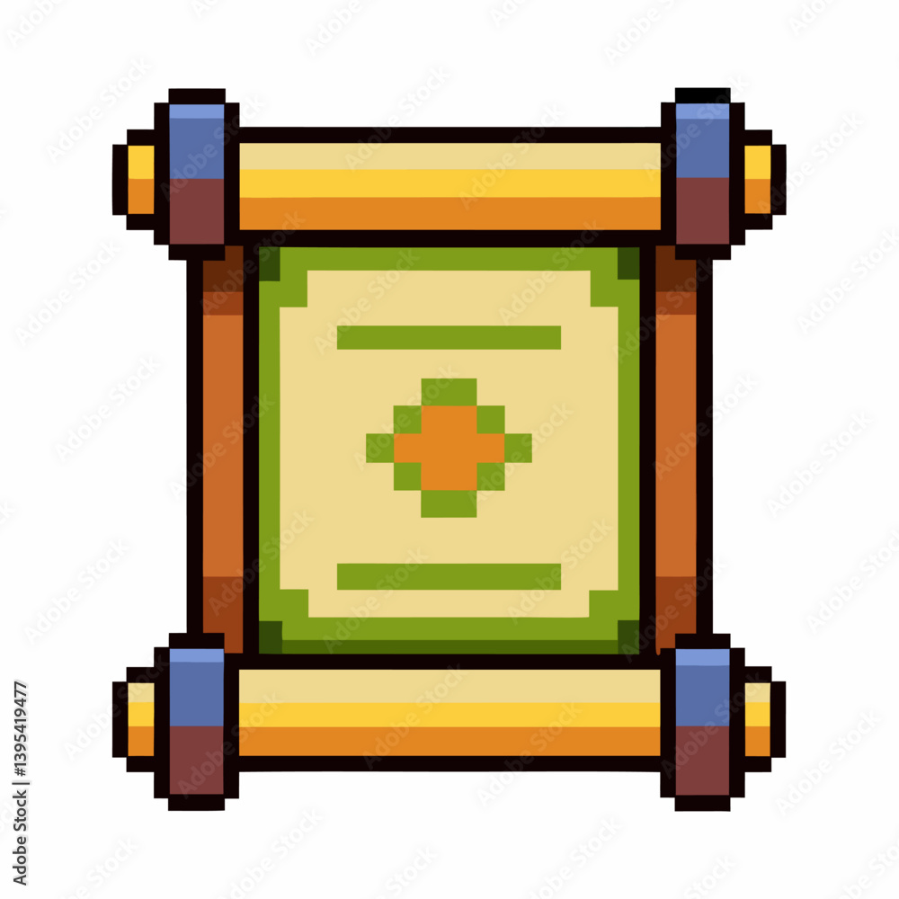 Poster retro pixel art scroll icon with orange detail in nostalgic video game style