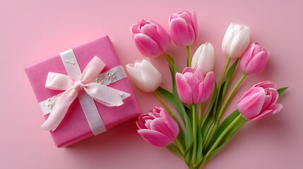 Fototapeta premium Vibrant pink gift box and tulips in soft pastel setting aerial view floral arrangement celebratory atmosphere