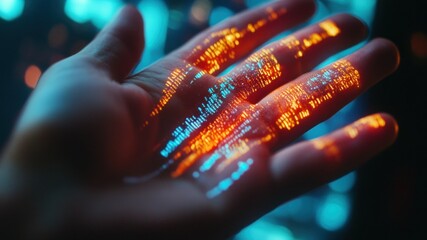 Hand with data code projected. Futuristic tech and cybersecurity concept.