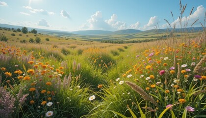 Vibrant Flower Meadow Under Bright Blue Sky in Scenic Landscape