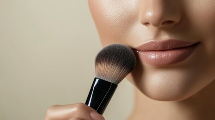 A person applies makeup near their lips with a brush