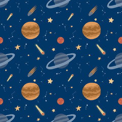 Seamless pattern of space with several planets, meteorites, stars and constellations in outer space...
