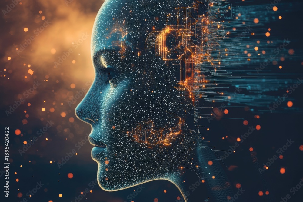 Poster abstract digital human face profile with data stream and glowing particles