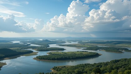 Serene Landscape of Rivers and Islands Under a Dramatic Sky