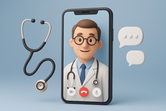 Online Consultation: Captivating 3D rendering of a virtual consultation, where a caring doctor provides expert care and advice over a smartphone. A modern solution, for quick care access