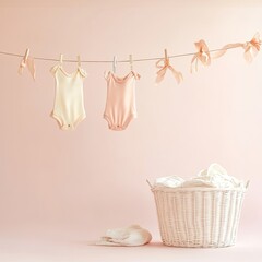 Pastel baby clothes hanging on clothesline, basket underneath