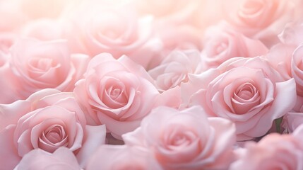A dreamy close-up of light pink roses in full bloom, delicate petals with a velvety texture, softly blurred background