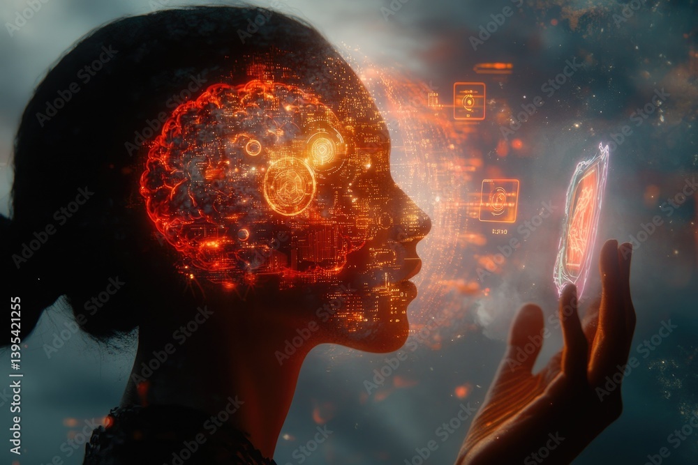 Poster woman accessing digital brain data hologram with advanced technology interface