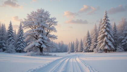 Winter Landscape with Snow-Covered Trees and Tranquil Pathway