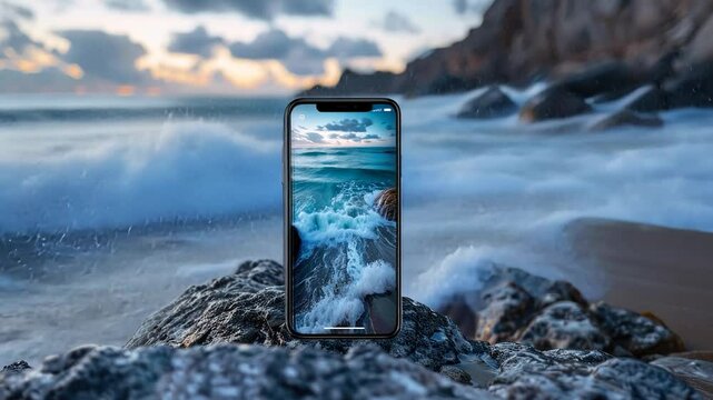 Stunning Ocean Waves on iPhone Display at the Beach
