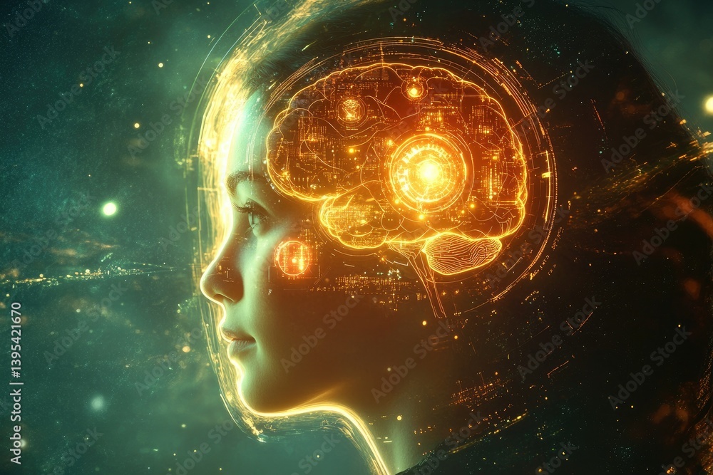 Poster ai brain interface concept with neural network and woman's profile