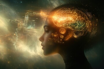 Woman's Profile with Glowing Brain and Futuristic Technology Overlay Concept
