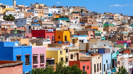 Colorful Houses on Hillside in Vibrant Cityscape of Morocco