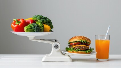 Balancing healthy foods and fast food kitchen table food photography minimalist setting close-up nutrition awareness
