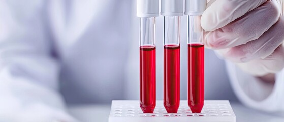 A laboratory technician holds test tubes with red liquid, showcasing a clinical setting focused on blood analysis and research.