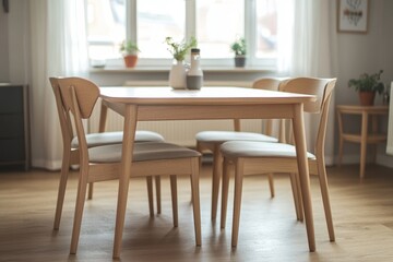 Fototapeta premium Modern Dining Room with Wooden Table and Chairs in Bright Space