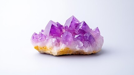 Amethyst Geode Cluster Natural Elegance High-Definition Lighting Side Profile View Intricate Crystal Formations Spiritual Serenity White Background Deep Purple Hues Perfect for Wellness Branding