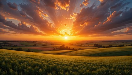 Fototapeta premium Breathtaking Sunset Over Rolling Fields with Vibrant Sky Colors