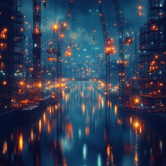 Fototapeta premium Futuristic Cityscape: Night Construction on the Water