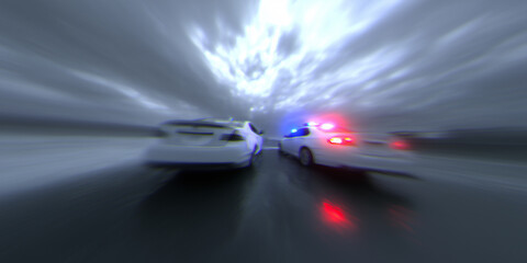 Obraz premium Realistic traffic accident scene with two damaged cars on wet road under cloudy sky, emergency lights reflecting