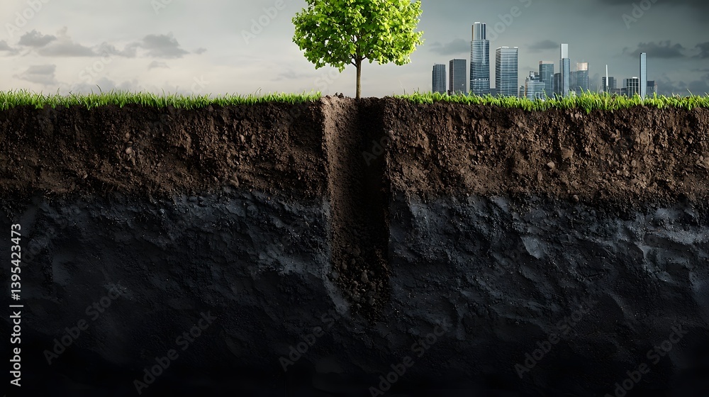 Poster balancing ecology and urban development a futuristic soil visualization depicting the intricate laye