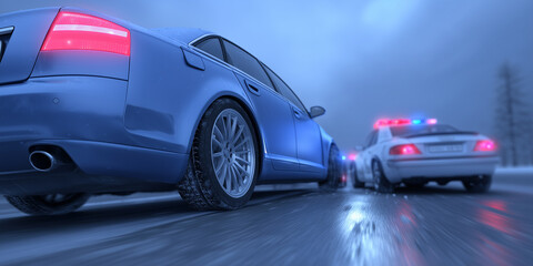 Fototapeta na wymiar Realistic traffic accident scene with two damaged cars on wet road under cloudy sky, emergency lights reflecting