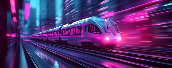Fototapeta premium High speed train rapidly transporting goods and cargo across a futuristic cyberpunk inspired cityscape with vibrant neon lights casting colorful reflections on the urban environment