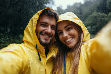 Happy Young Couple Enjoying Warm Spring Rain Outdoors in Nature, Smiling and Embracing, Generative AI