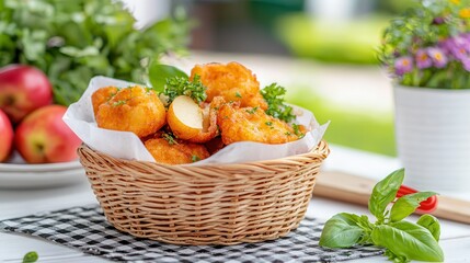 Crispy Fried Snacks in Basket with Fresh Ingredients and Appetizers