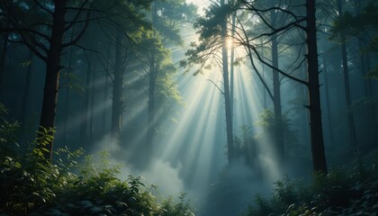 Obraz premium Soft Sunlight Breaking Through Dense Forest Trees in Morning Mist