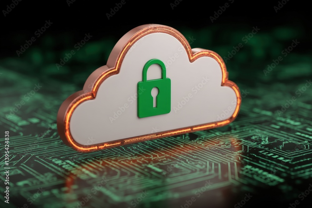 Poster cloud storage security with a padlock symbol on a circuit board background.