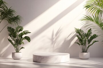 Serene sanctuary: Lush potted palms flanking a minimalist marble pedestal bathed in soft sunlight