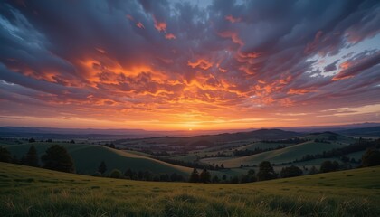 Serene Sunset Over Rolling Hills and Vibrant Cloudy Sky