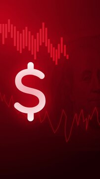 dollar price decreasing with chart and graph animation on dark red digital background ,downtrend dollar price investment background animation portrait