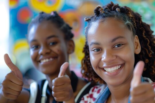 Smiling Black female teacher and happy student giving thumbs up in classroom - Powered by Adobe