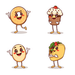 Obraz premium four cute food mascots celebrating donuts, cupcakes, and tacos high-quality vector art