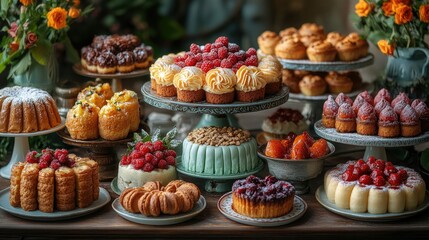 A Culinary Symphony of Sweet Delights: A captivating display of artisanal pastries, cakes, and confections in a symphony of colors and textures.