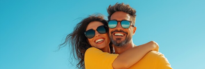 A man and woman are smiling and wearing sunglasses. They are hugging each other and the woman is wearing a yellow shirt