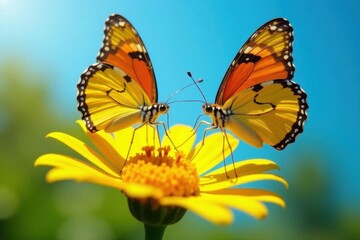 Obraz premium Two butterflies feeding on vibrant yellow flower, sunny day, flower, close-up