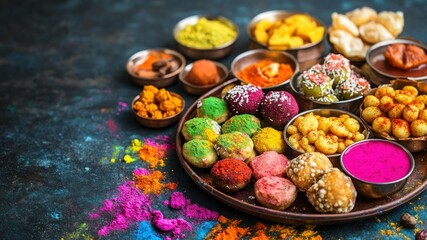 Fototapeta premium A colorful spread of Holi sweets, powders, and treats arranged in small bowls.