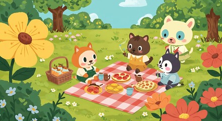 Fototapeta premium Cartoon Animals Having Picnic in Meadow Illustration