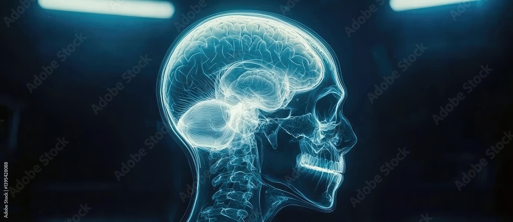 Poster a glowing x-ray visualization of a human skull and brain, illustrating internal structures in a stri