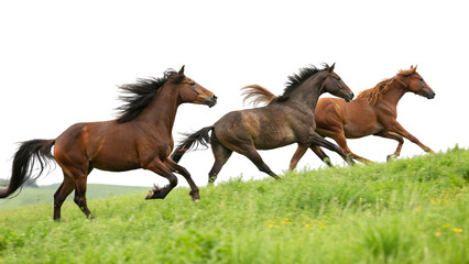 A group of horses running through a field, isolated on a transparent background.