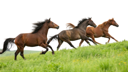 A group of horses running through a field, isolated on a transparent background.