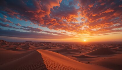 Fototapeta premium Breathtaking Sunset Over Endless Sand Dunes in Vibrant Desert Landscape
