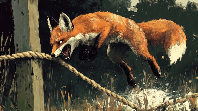 An angry fox aggressively jumping over a thick woven rope