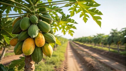 A papaya tree laden with ripe and unripe papayas.