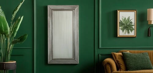 A tall, narrow frame in a weathered gray finish, hanging vertically on a forest green wall, offering a contemporary, sophisticated vibe.